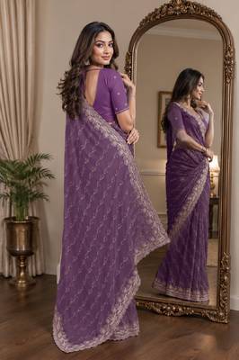 Lavender soft georgette embroidery work festive saree with unstitched blouse piece 3