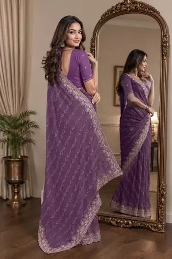Lavender soft georgette embroidery work festive saree with unstitched blouse piece