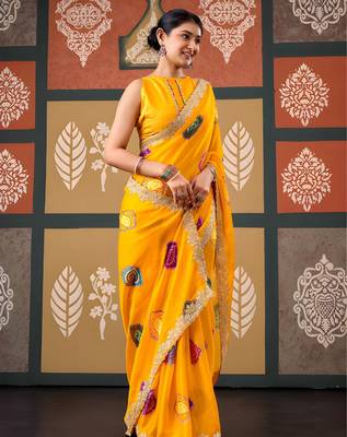 Yellow color smart chiffon fabric designer embroidered smart and elegant saree 1