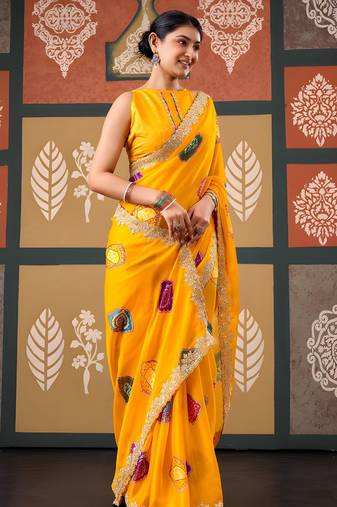 Yellow color smart chiffon fabric designer embroidered smart and elegant saree