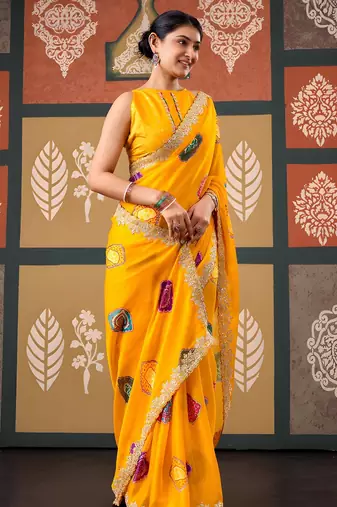 Yellow color smart chiffon fabric designer embroidered smart and elegant saree