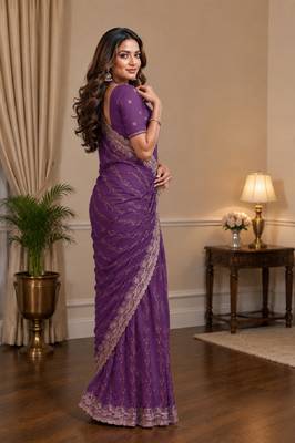 Lavender soft georgette embroidery work festive saree with unstitched blouse piece 4