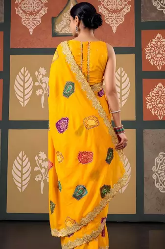 Yellow color smart chiffon fabric designer embroidered smart and elegant saree
