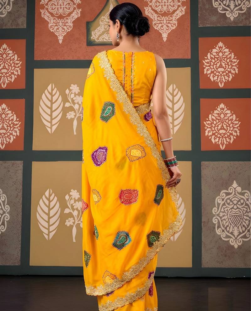 Yellow color smart chiffon fabric designer embroidered smart and elegant saree
