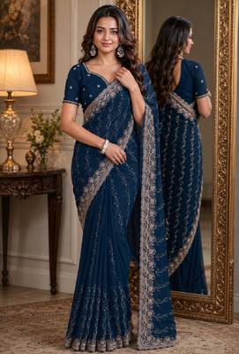 Morpich soft georgette embroidery work festive saree with unstitched blouse piece 1