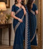 Morpich soft georgette embroidery work festive saree with unstitched blouse piece