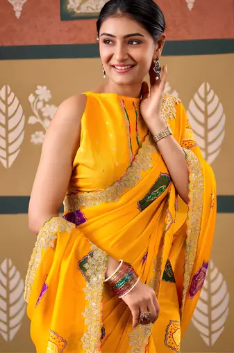 Yellow color smart chiffon fabric designer embroidered smart and elegant saree