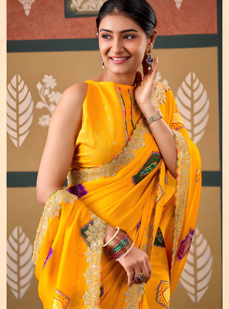 Yellow color smart chiffon fabric designer embroidered smart and elegant saree