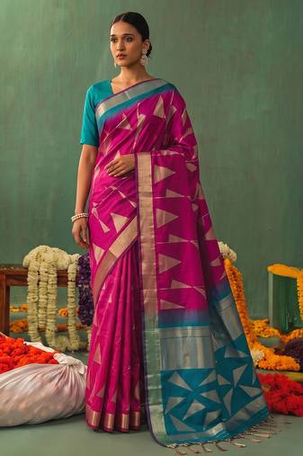 pink color smart ethnic woven designer soft silk blend fabric ceremonial saree