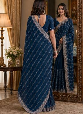 Morpich soft georgette embroidery work festive saree with unstitched blouse piece 3