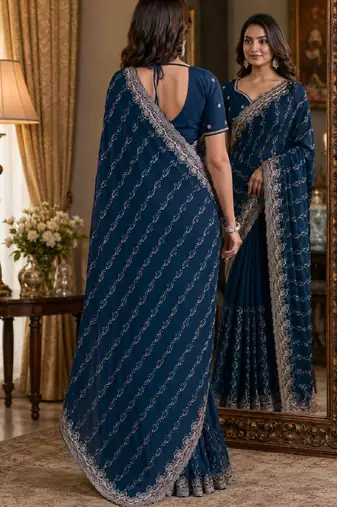 Morpich soft georgette embroidery work festive saree with unstitched blouse piece