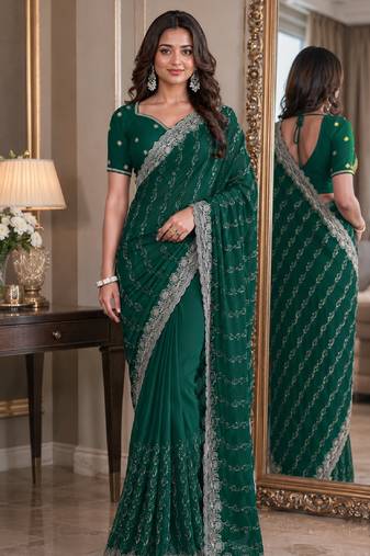 Green soft georgette embroidery work festive saree with unstitched blouse piece