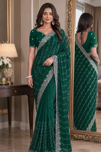Green soft georgette embroidery work festive saree with unstitched blouse piece