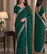 Green soft georgette embroidery work festive saree with unstitched blouse piece