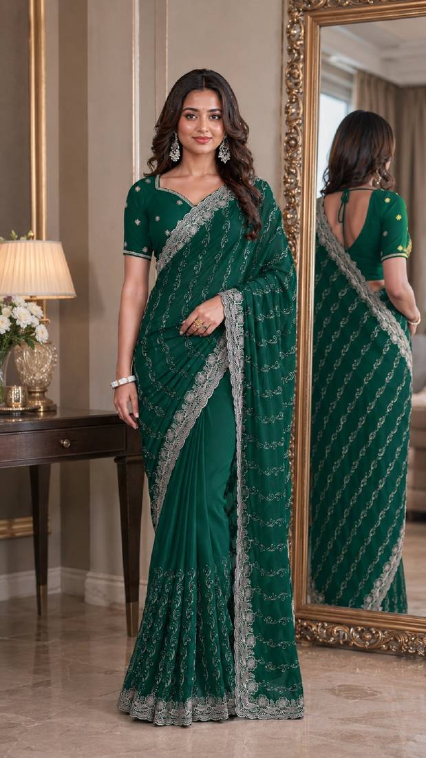 Green soft georgette embroidery work festive saree with unstitched blouse piece