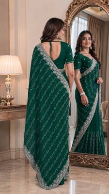 Green soft georgette embroidery work festive saree with unstitched blouse piece 3