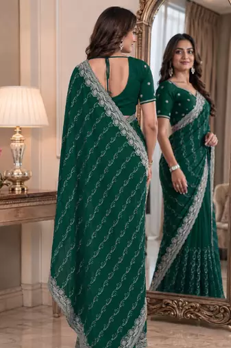 Green soft georgette embroidery work festive saree with unstitched blouse piece