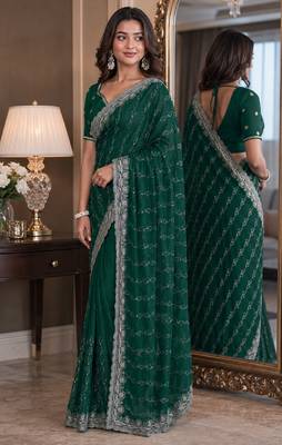 Green soft georgette embroidery work festive saree with unstitched blouse piece 4