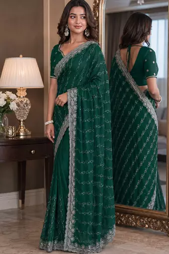 Green soft georgette embroidery work festive saree with unstitched blouse piece