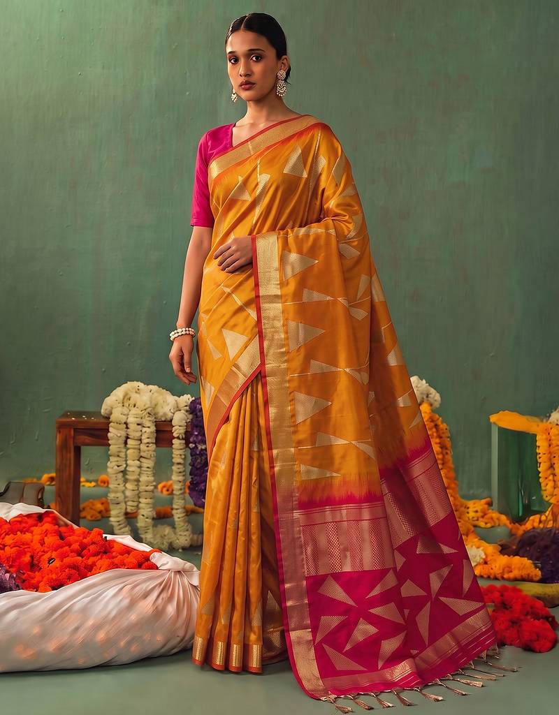orange color smart ethnic woven designer soft silk blend fabric ceremonial saree