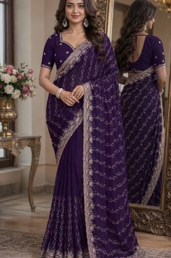 Purple soft georgette embroidery work festive saree with unstitched blouse piece