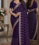 Purple soft georgette embroidery work festive saree with unstitched blouse piece