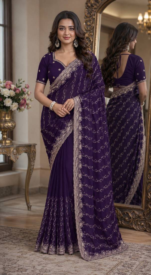 Purple soft georgette embroidery work festive saree with unstitched blouse piece