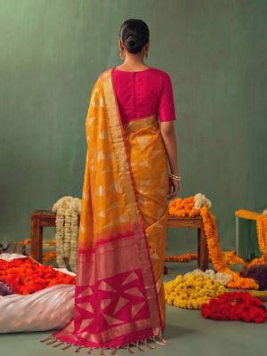 orange color smart ethnic woven designer soft silk blend fabric ceremonial saree 2