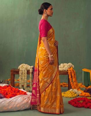 orange color smart ethnic woven designer soft silk blend fabric ceremonial saree 3