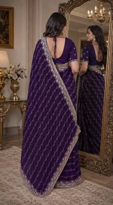 Purple soft georgette embroidery work festive saree with unstitched blouse piece 3