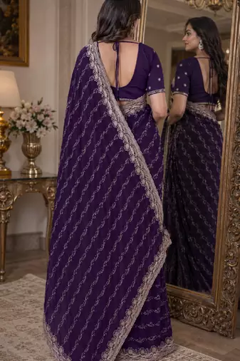 Purple soft georgette embroidery work festive saree with unstitched blouse piece