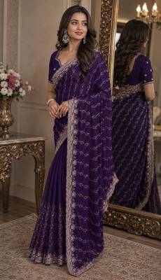 Purple soft georgette embroidery work festive saree with unstitched blouse piece 4