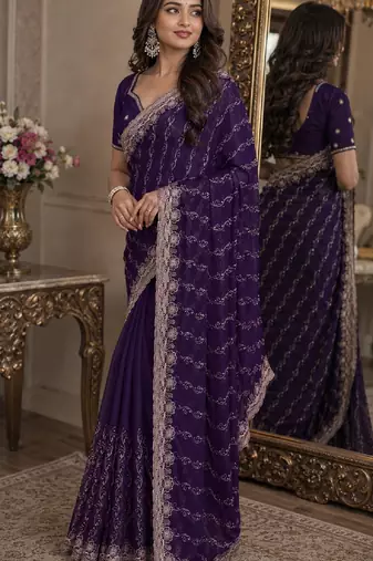 Purple soft georgette embroidery work festive saree with unstitched blouse piece