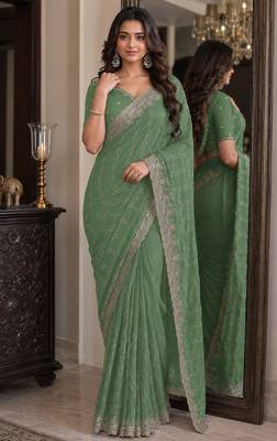 Pista soft georgette embroidery work festive saree with unstitched blouse piece 1