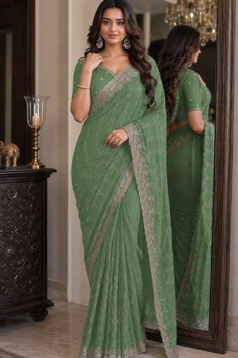Pista soft georgette embroidery work festive saree with unstitched blouse piece