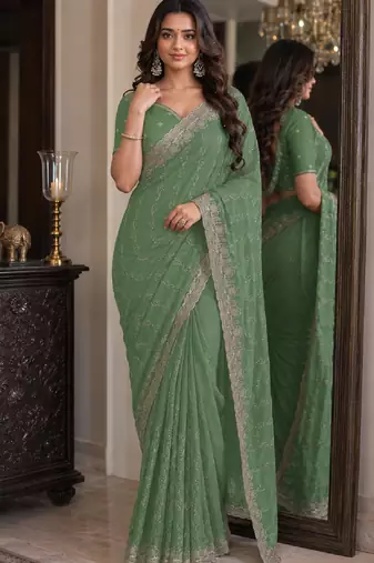 Pista soft georgette embroidery work festive saree with unstitched blouse piece