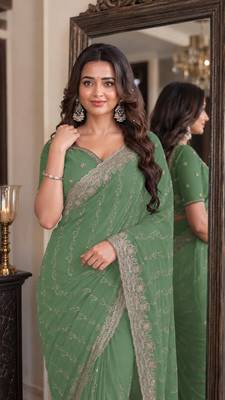 Pista soft georgette embroidery work festive saree with unstitched blouse piece 2