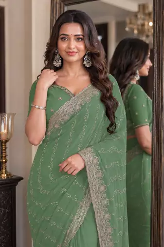 Pista soft georgette embroidery work festive saree with unstitched blouse piece