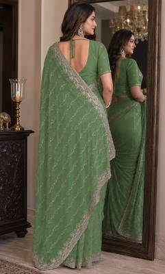 Pista soft georgette embroidery work festive saree with unstitched blouse piece 3
