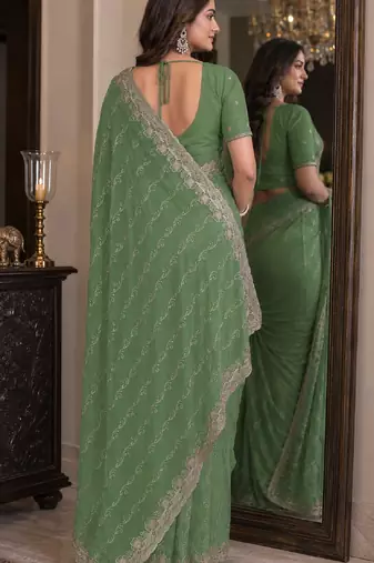 Pista soft georgette embroidery work festive saree with unstitched blouse piece