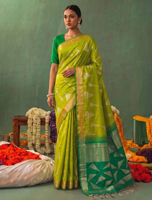 olive color smart ethnic woven designer soft silk blend fabric ceremonial saree 1