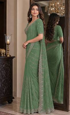 Pista soft georgette embroidery work festive saree with unstitched blouse piece 4