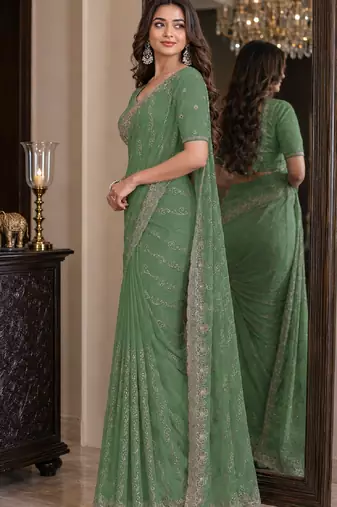 Pista soft georgette embroidery work festive saree with unstitched blouse piece