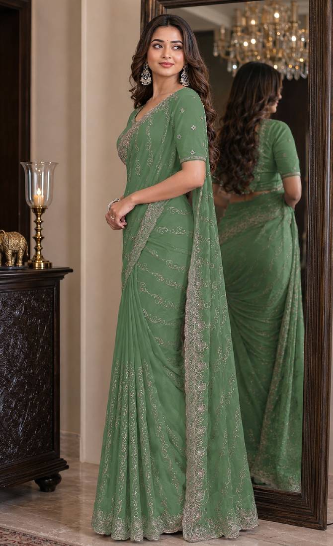 Pista soft georgette embroidery work festive saree with unstitched blouse piece