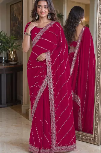 Pink soft georgette embroidery work festive saree with unstitched blouse piece