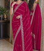 Pink soft georgette embroidery work festive saree with unstitched blouse piece