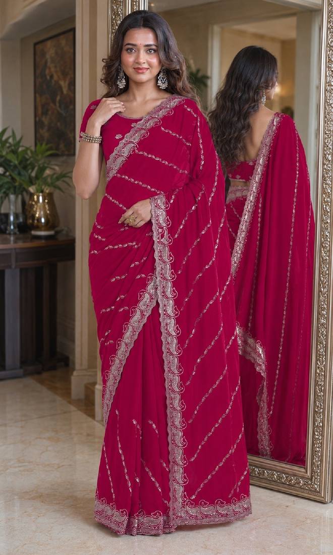 Pink soft georgette embroidery work festive saree with unstitched blouse piece