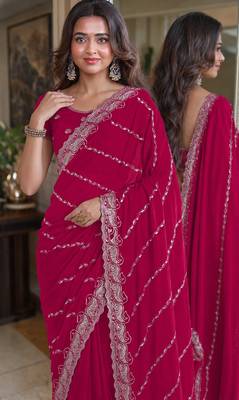 Pink soft georgette embroidery work festive saree with unstitched blouse piece 2