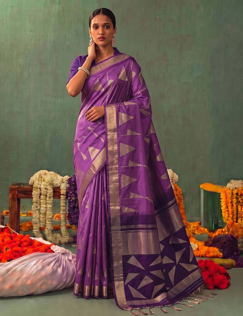 purple color smart ethnic woven designer soft silk blend fabric ceremonial saree