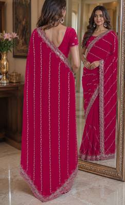 Pink soft georgette embroidery work festive saree with unstitched blouse piece 3